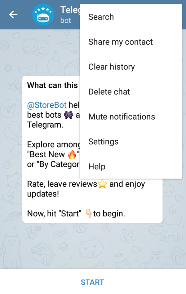 Пример стартового экрана Telegram-бота с приветствием и кнопкой запуска